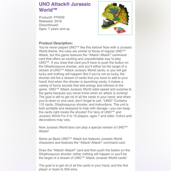 UNO Attack Jurassic World Dilophodaurus Dinosaur Head Card Launcher and Cards - Picture 3 of 4